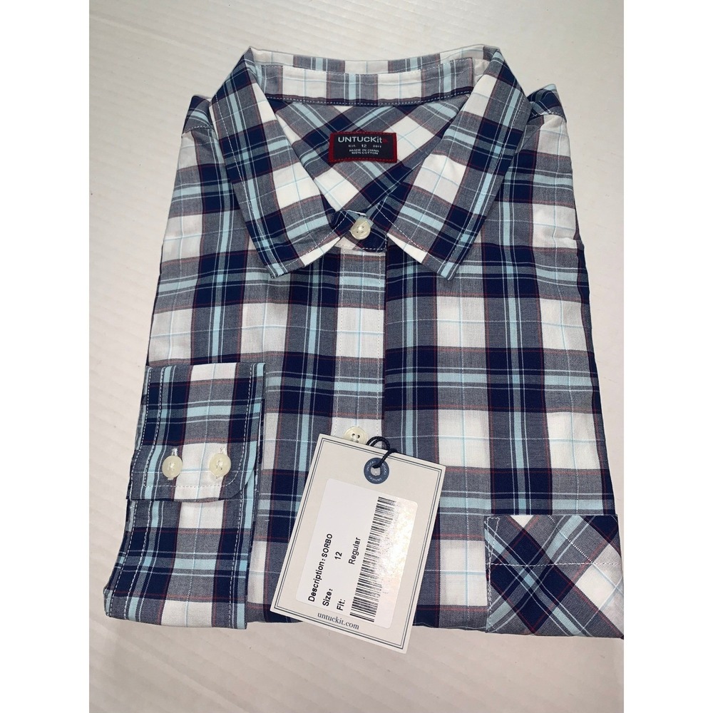 UNTUCKit Sorbo Womens Plaid Button Down Shirt Size 12 Regular Navy Blue White - Picture 2 of 11